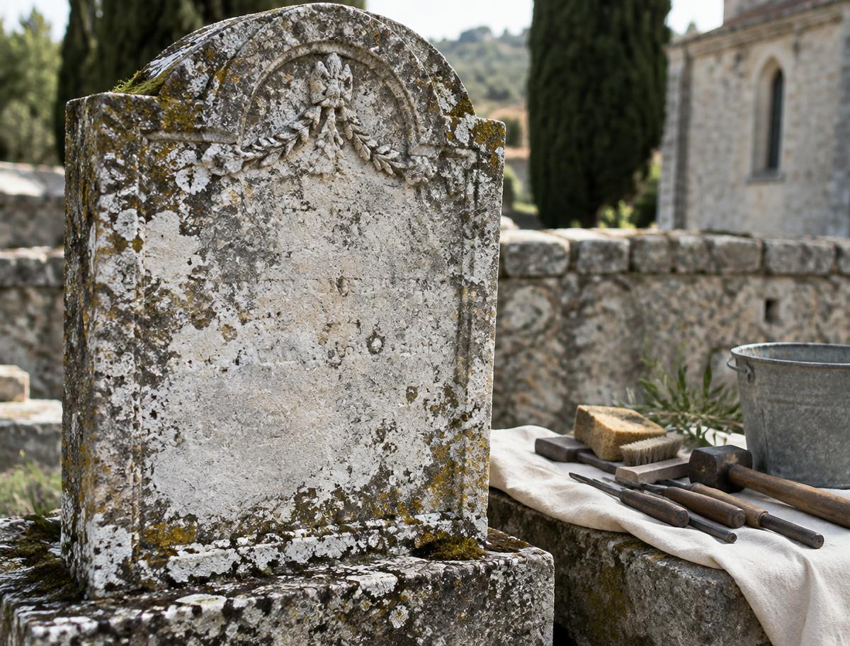 Pierre tombale ancienne en calcaire, gravure effacée, outils de restauration posés à côté
